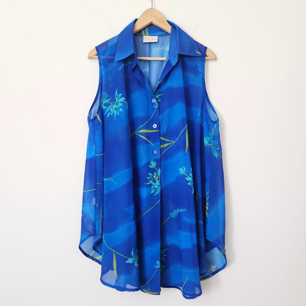 Vintage La Palapa Sleeveless Blouse Blue Floral Semi Sheer Tunic Green Large